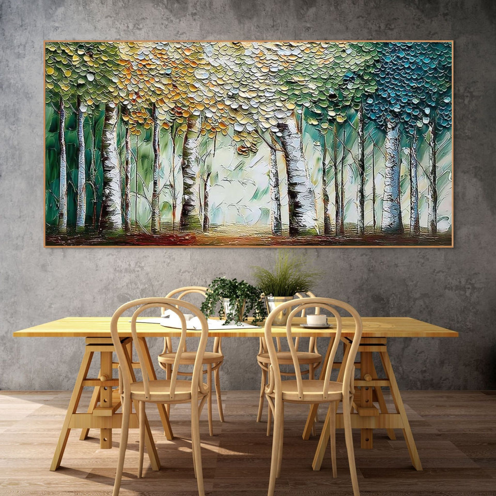 CHROMA GROVE: Impasto Birch Forest Glowing Path Canvas