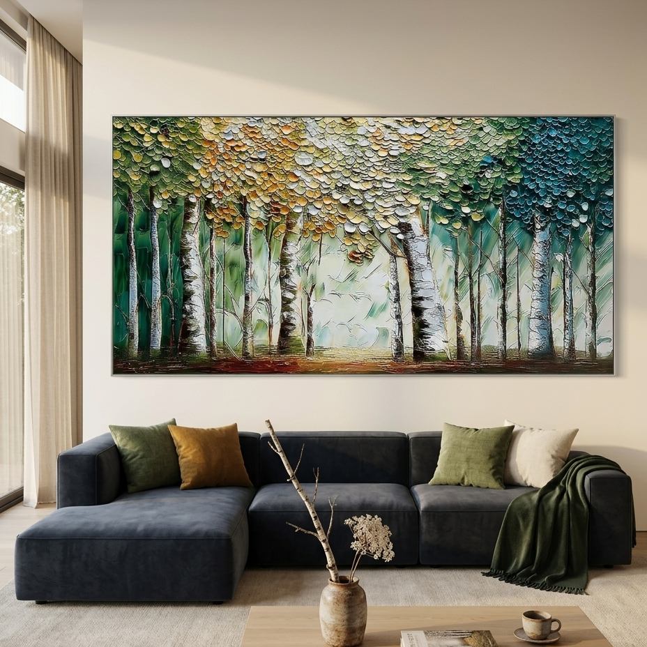 CHROMA GROVE: Impasto Birch Forest Glowing Path Canvas