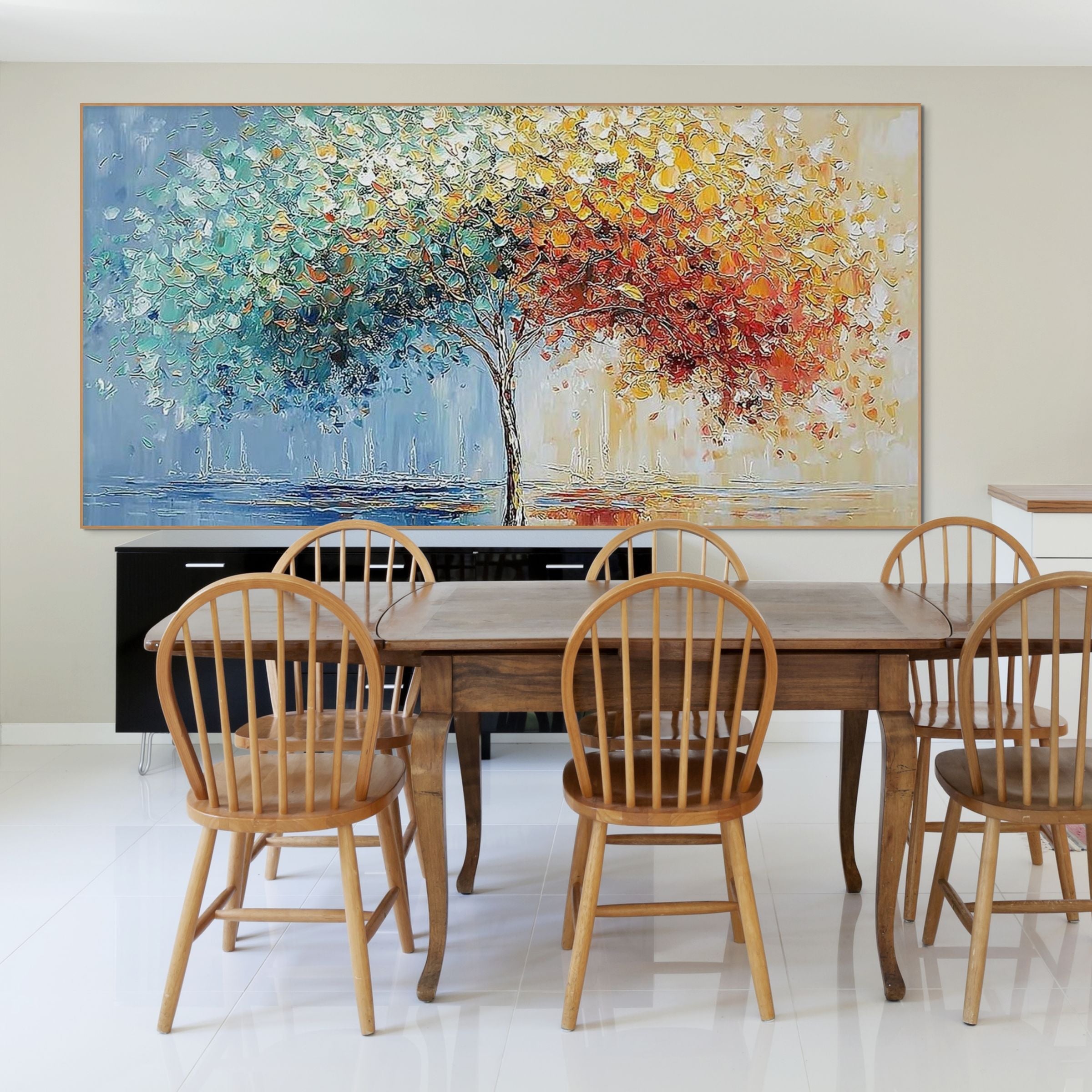 CHROMATIC EMBRACE: Impasto Blues Greens  Reds Yellows Tree Canvas