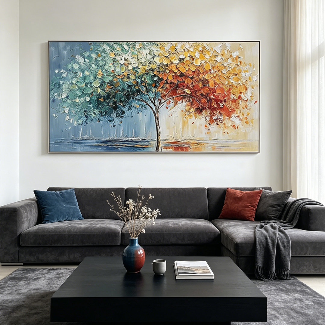 CHROMATIC EMBRACE: Impasto Blues Greens  Reds Yellows Tree Canvas