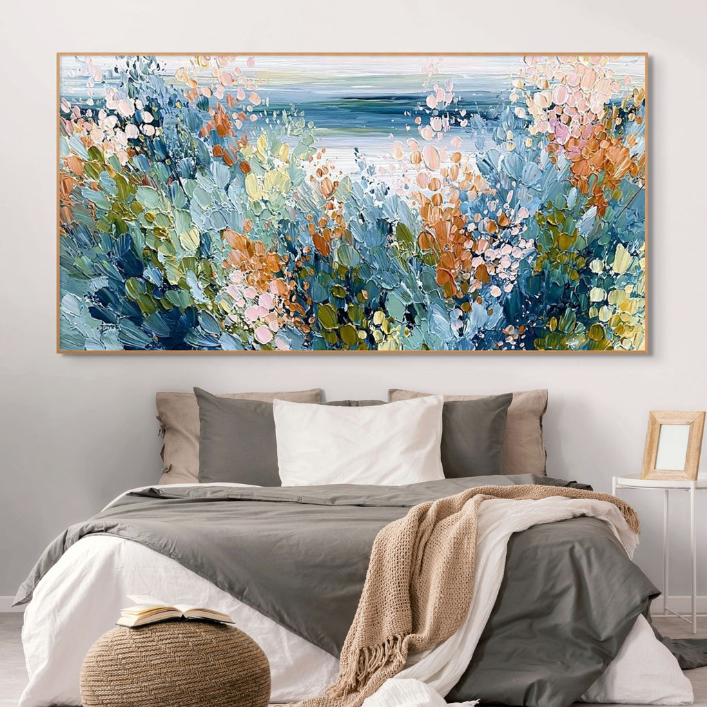 COASTAL BLOOM: Impasto Wildflowers Riot Calm Sea Canvas