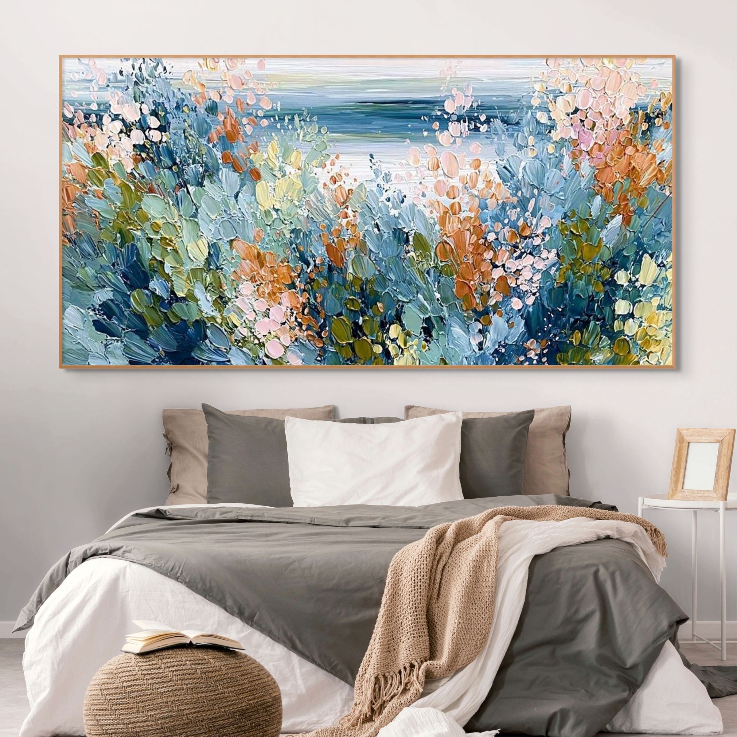 COASTAL BLOOM: Impasto Wildflowers Riot Calm Sea Canvas