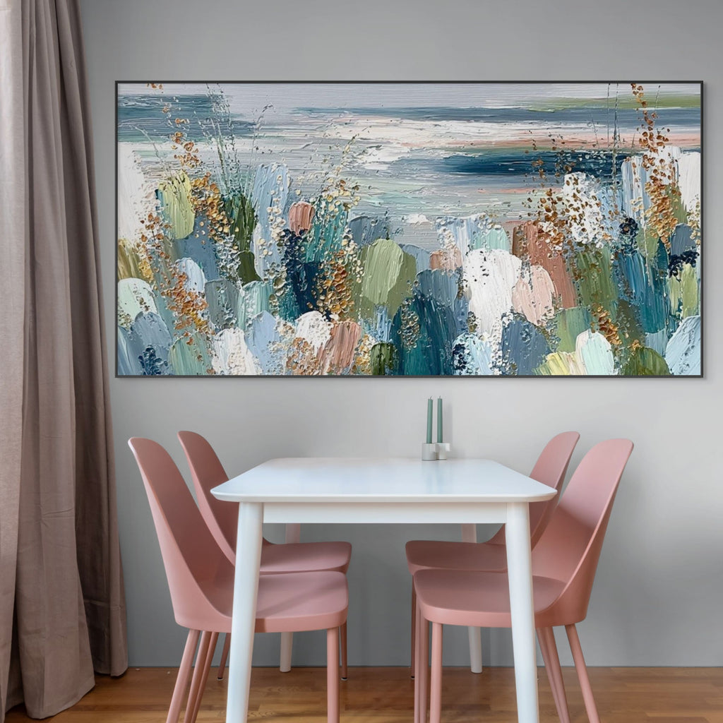 COASTAL BLOOM: Textured Impasto Coastal Meadow Dawn Shimmering Canvas
