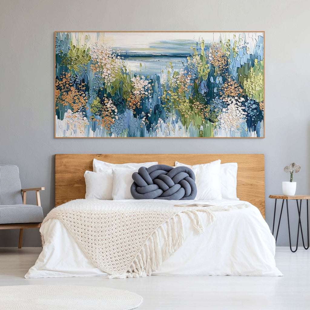 COASTAL BLOOM: Impasto Blossoms Serene Shoreline Canvas