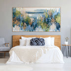 COASTAL BLOOM: Impasto Blossoms Serene Shoreline Canvas