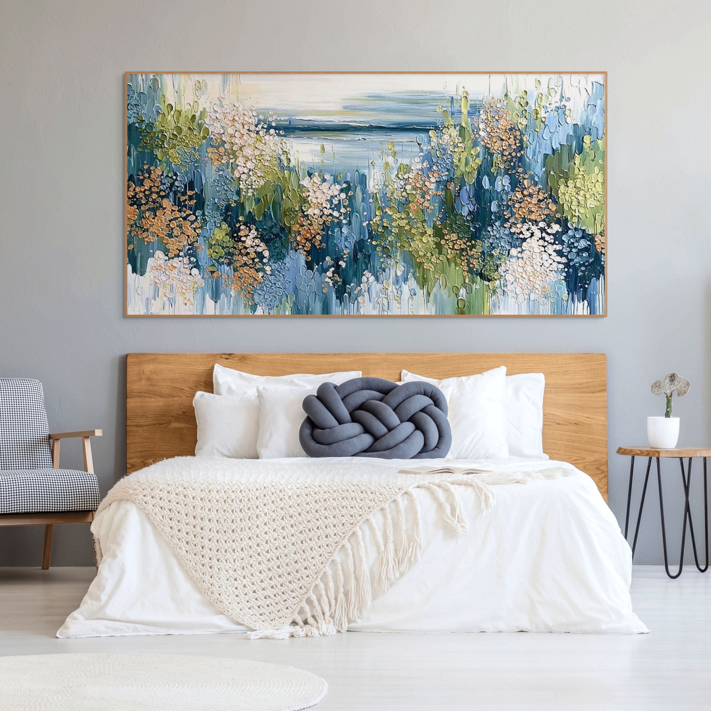COASTAL BLOOM: Impasto Blossoms Serene Shoreline Canvas