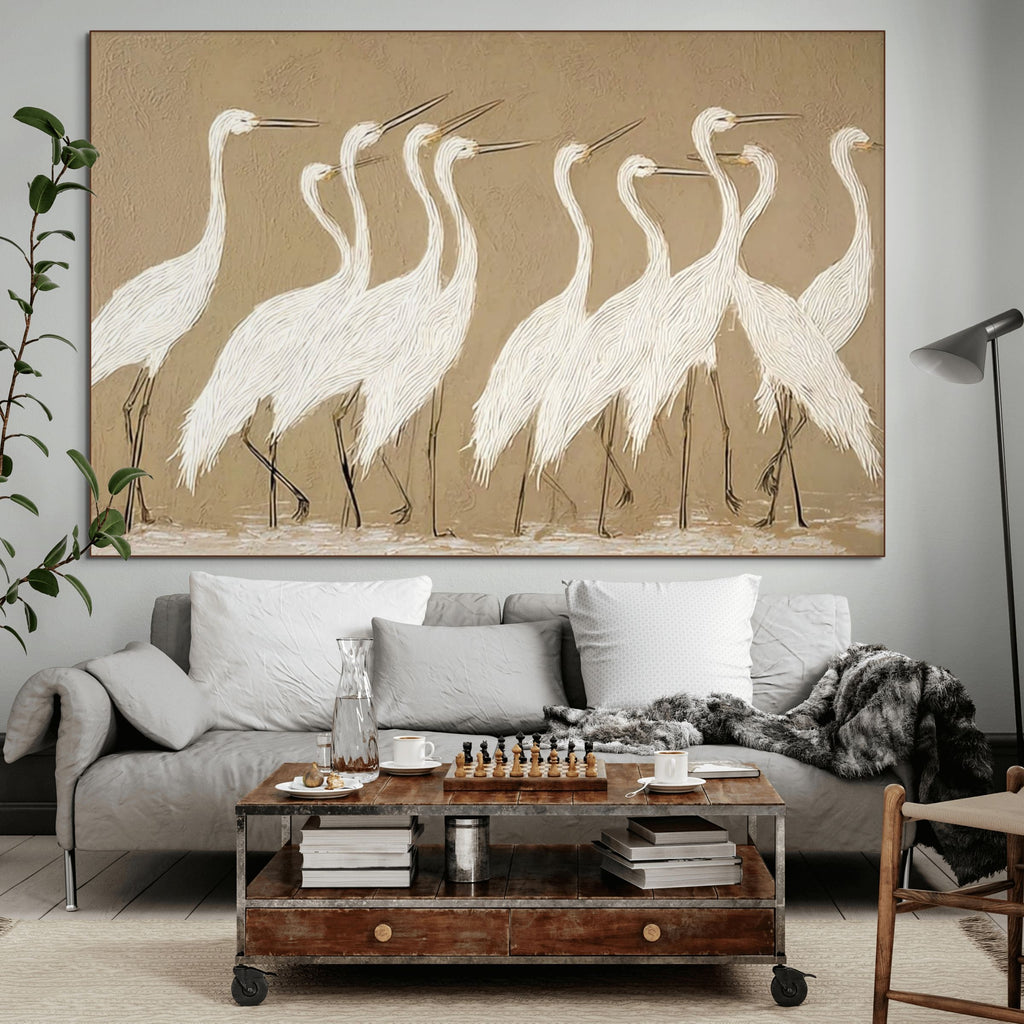 COASTAL CONGREGATION: Wabi Sabi Egret Painting with Textured Layers