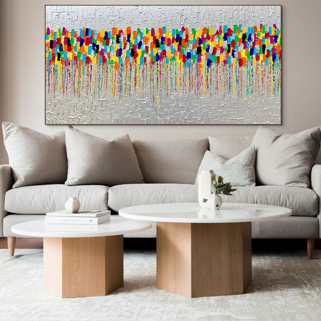 COLORFALL: Vibrant Abstract Silver Leaf Oil Painting