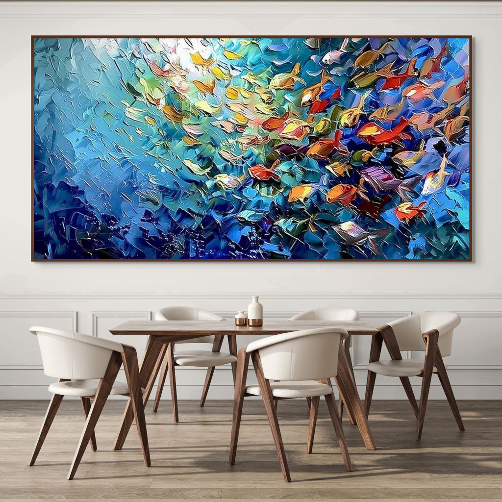 CORAL RUSH: Impasto Vibrant School Of Fish Dancing Through Water Canvas