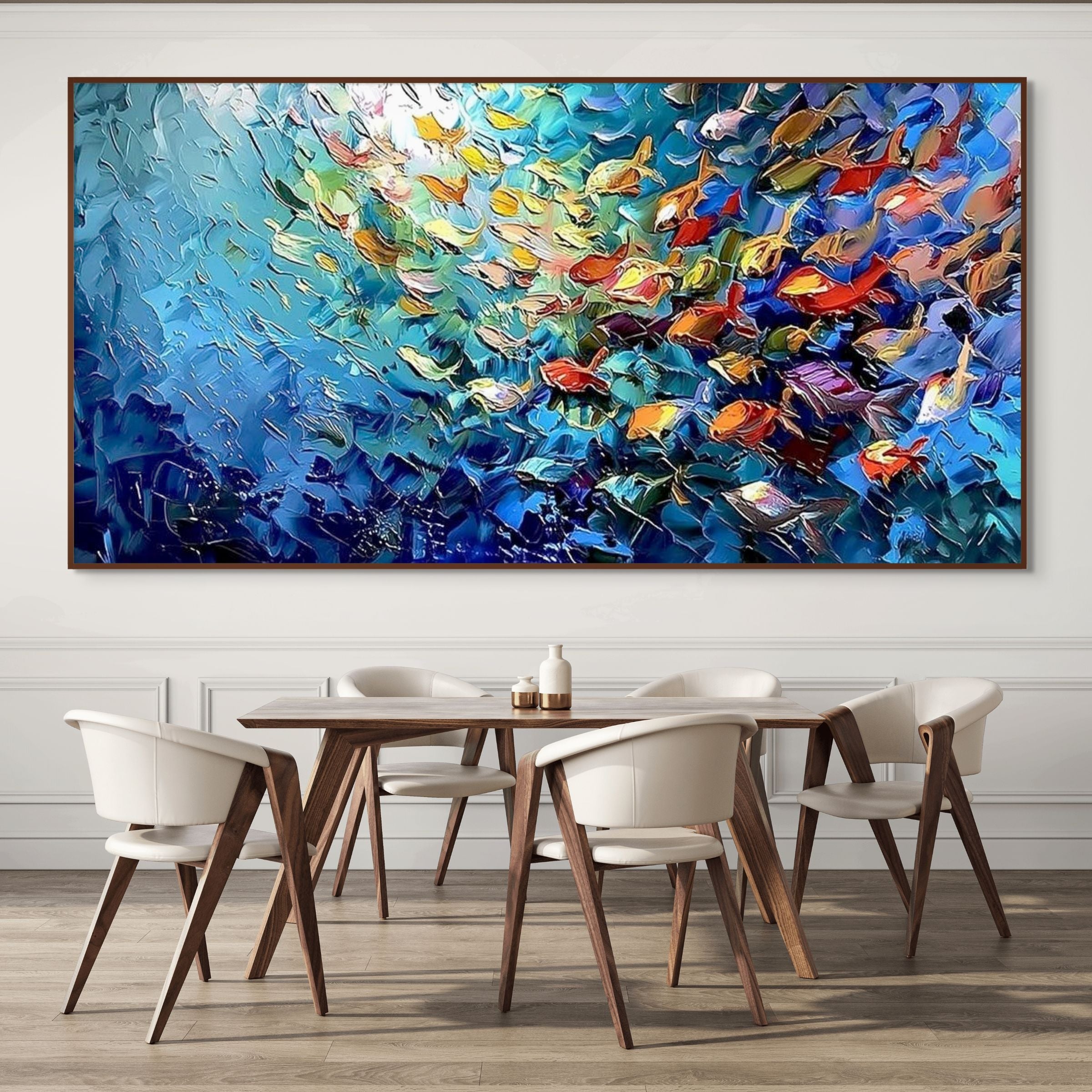 CORAL RUSH: Impasto Vibrant School Of Fish Dancing Through Water Canvas