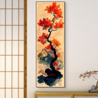 CRIMSON AUTUMN BONSAI: Vertical Tree Oil Painting Eastern Wall Decor
