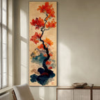 CRIMSON AUTUMN BONSAI: Vertical Tree Oil Painting Eastern Wall Decor