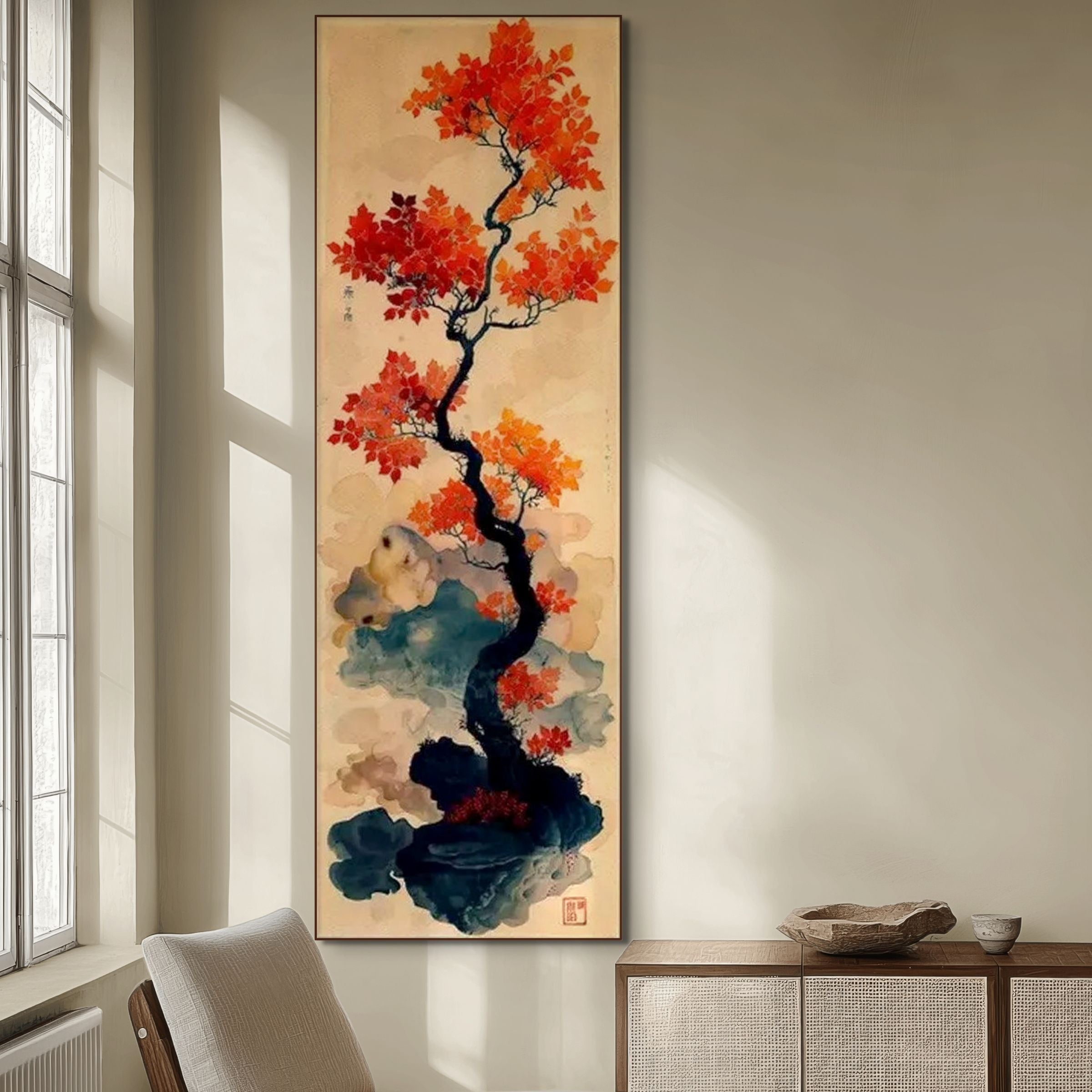 CRIMSON AUTUMN BONSAI: Vertical Tree Oil Painting Eastern Wall Decor