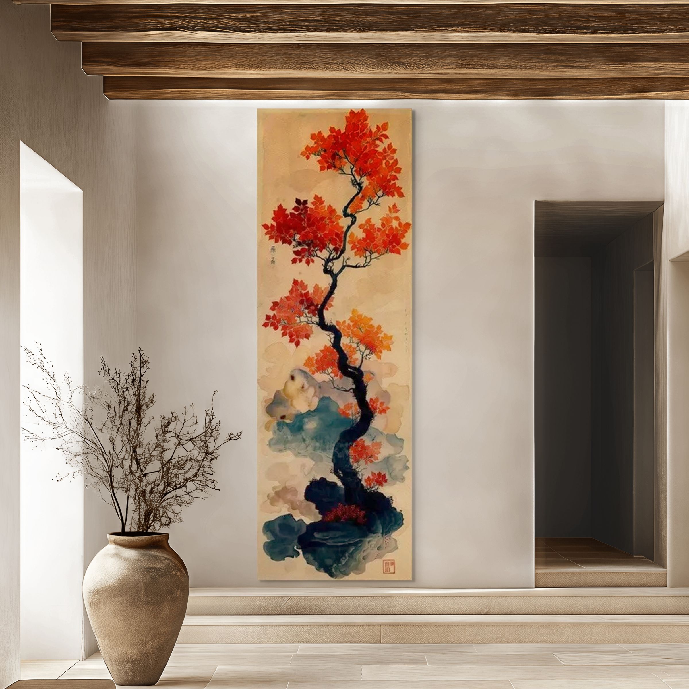 CRIMSON AUTUMN BONSAI: Vertical Tree Oil Painting Eastern Wall Decor