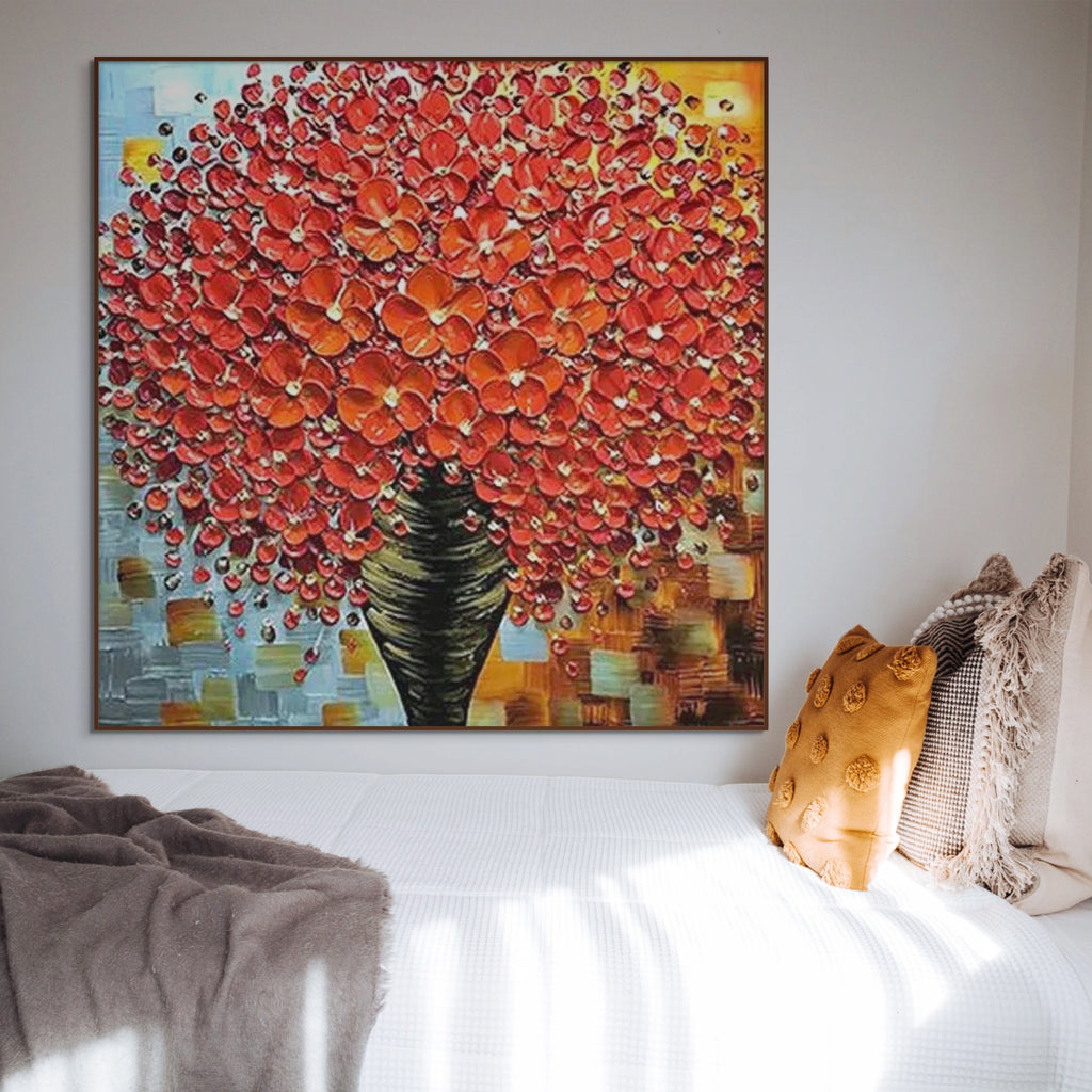 CRIMSON BOUQUET: Textured Impasto Vibrant Red Flowers Canvas