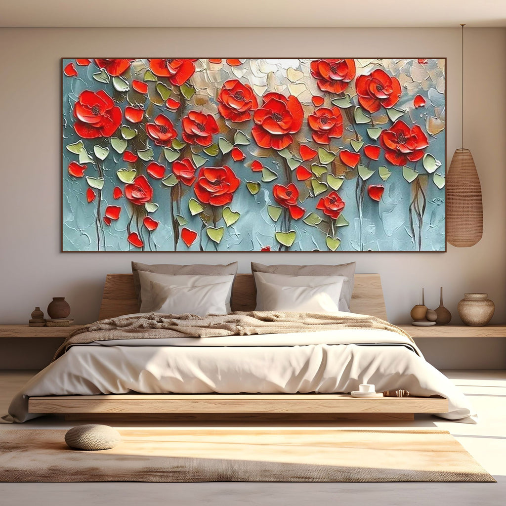 CRIMSON FIELD: Red Poppy Impasto Panorama Canvas