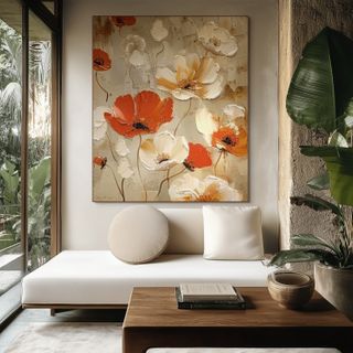CRIMSON FIELDS: Red White Floral Oil Painting
