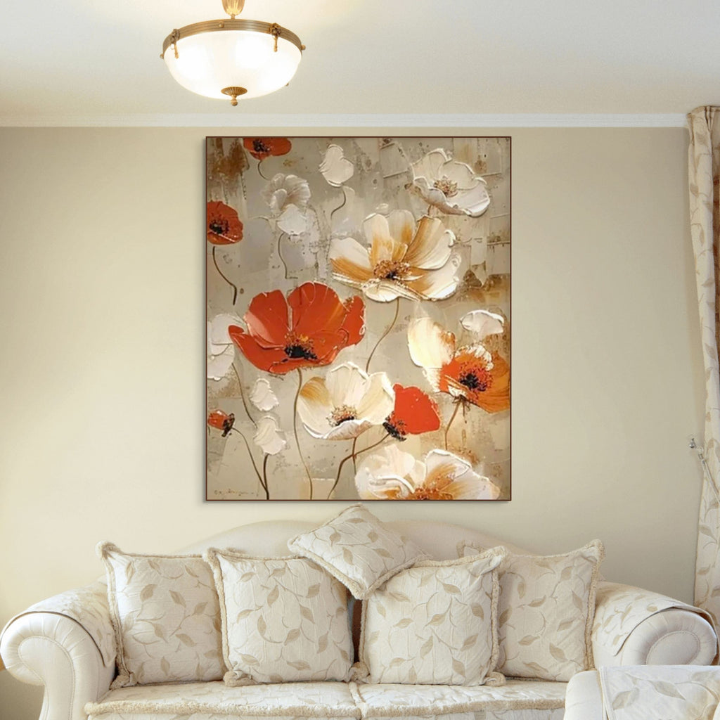 CRIMSON FIELDS: Red White Floral Oil Painting