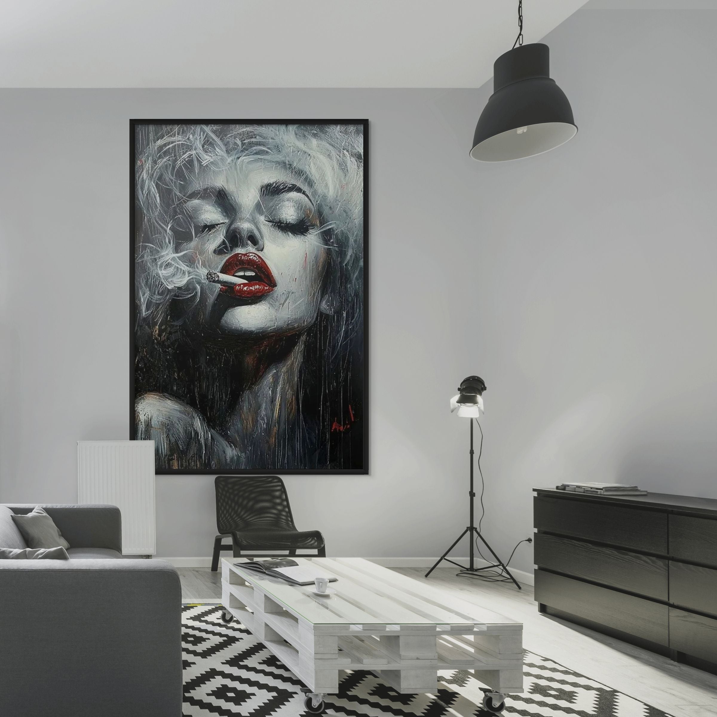 CRIMSON MUSE: Red Lips Woman Wall Art Black White Canvas Decor