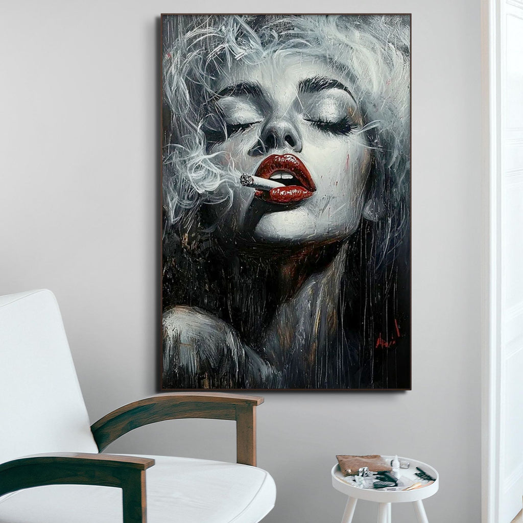 CRIMSON MUSE: Red Lips Woman Wall Art Black White Canvas Decor