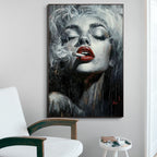 CRIMSON MUSE: Red Lips Woman Wall Art Black White Canvas Decor