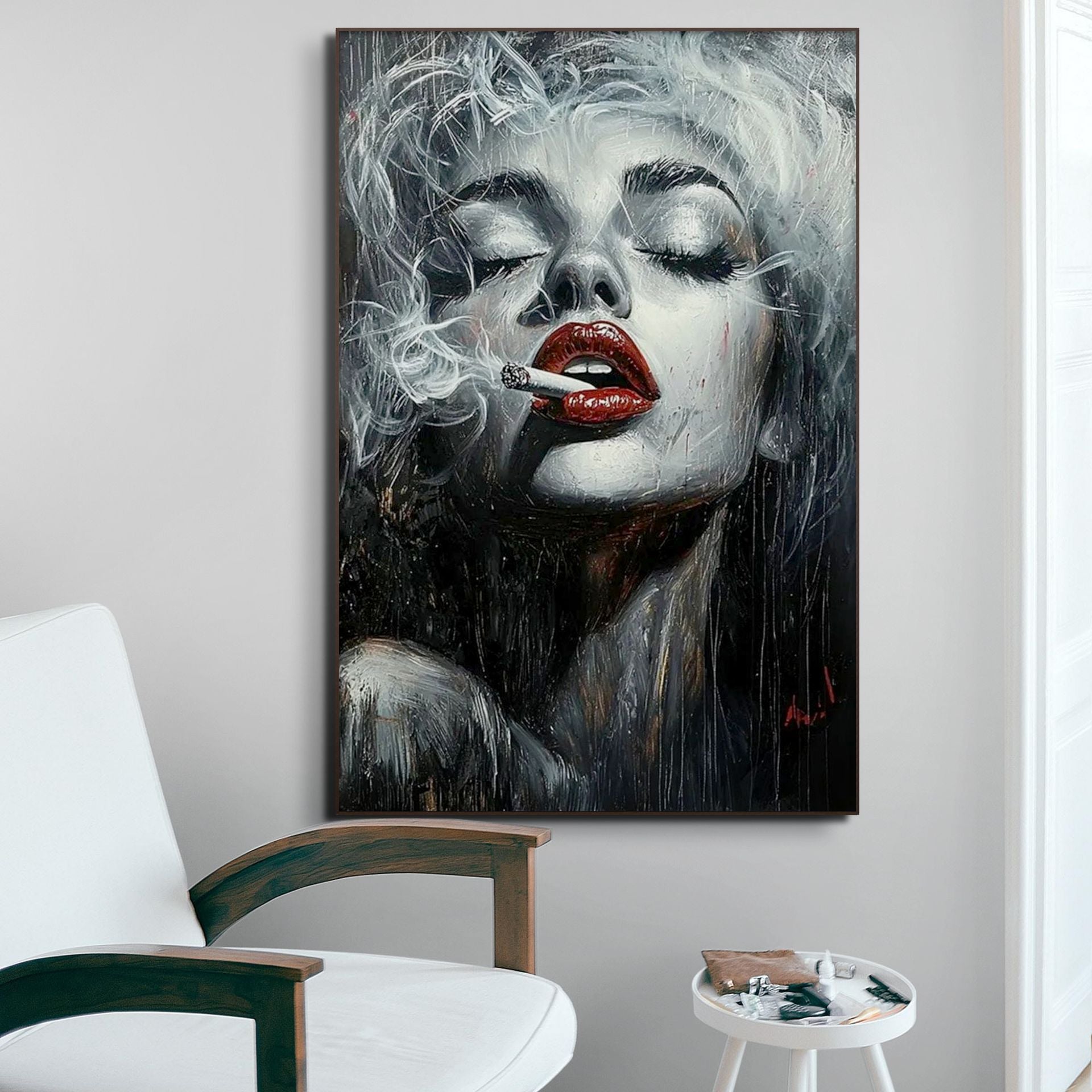 CRIMSON MUSE: Red Lips Woman Wall Art Black White Canvas Decor