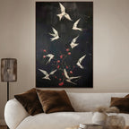 DANCING IN THE DARK: Beaded Birds Pink Blossoms Artwork Dark Canvas
