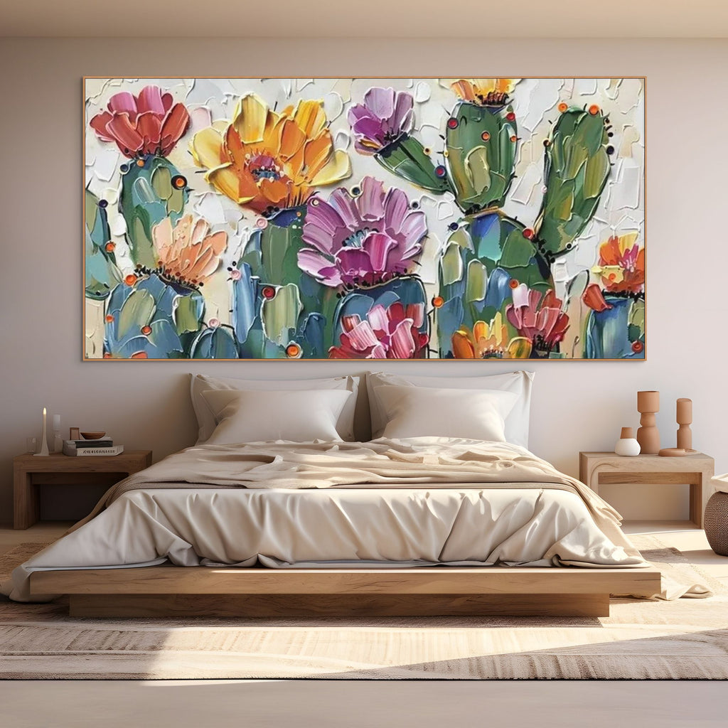 DESERT GARDEN:Impasto Colorful Cacti Vibrant Blooms Canvas