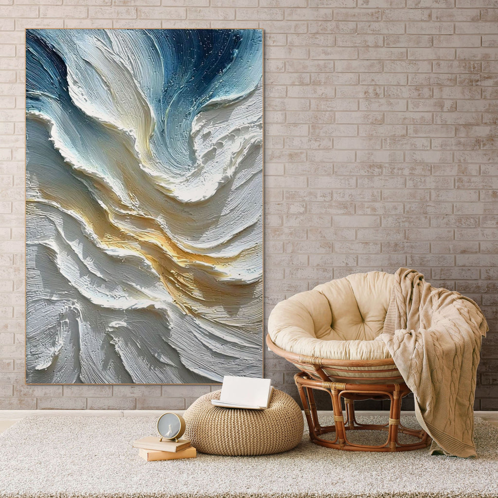 AEGEAN CREST: Textured Impasto Cresting Waves Ocean Blue Gold Canvas