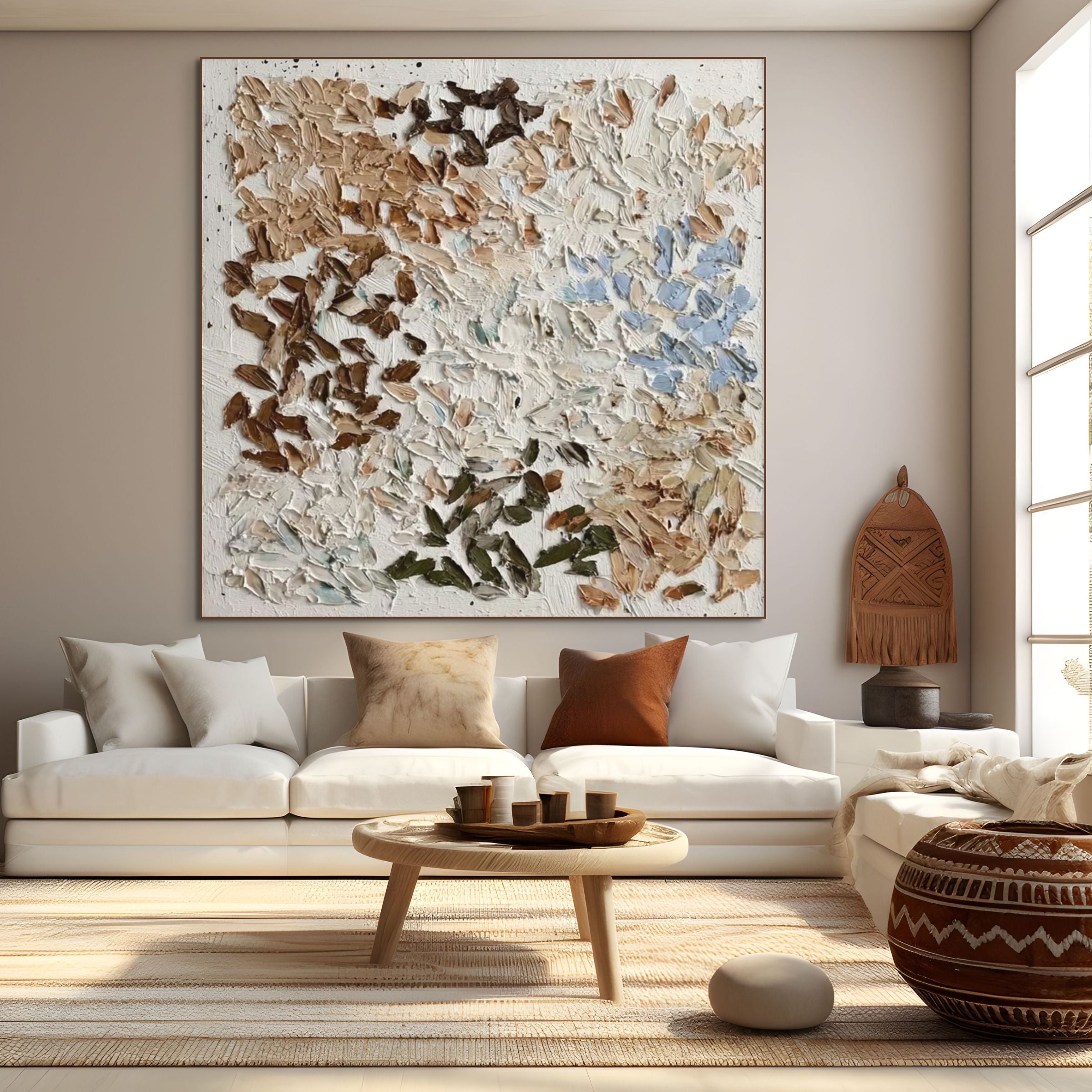 Earth's Mosaic: Textured Wabi Sabi Impasto Painting for Calming Home Decor