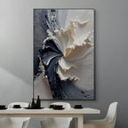 ECLIPSE IN BLOOM: Black and White Textured Abstract Painting with Sculptural Depth