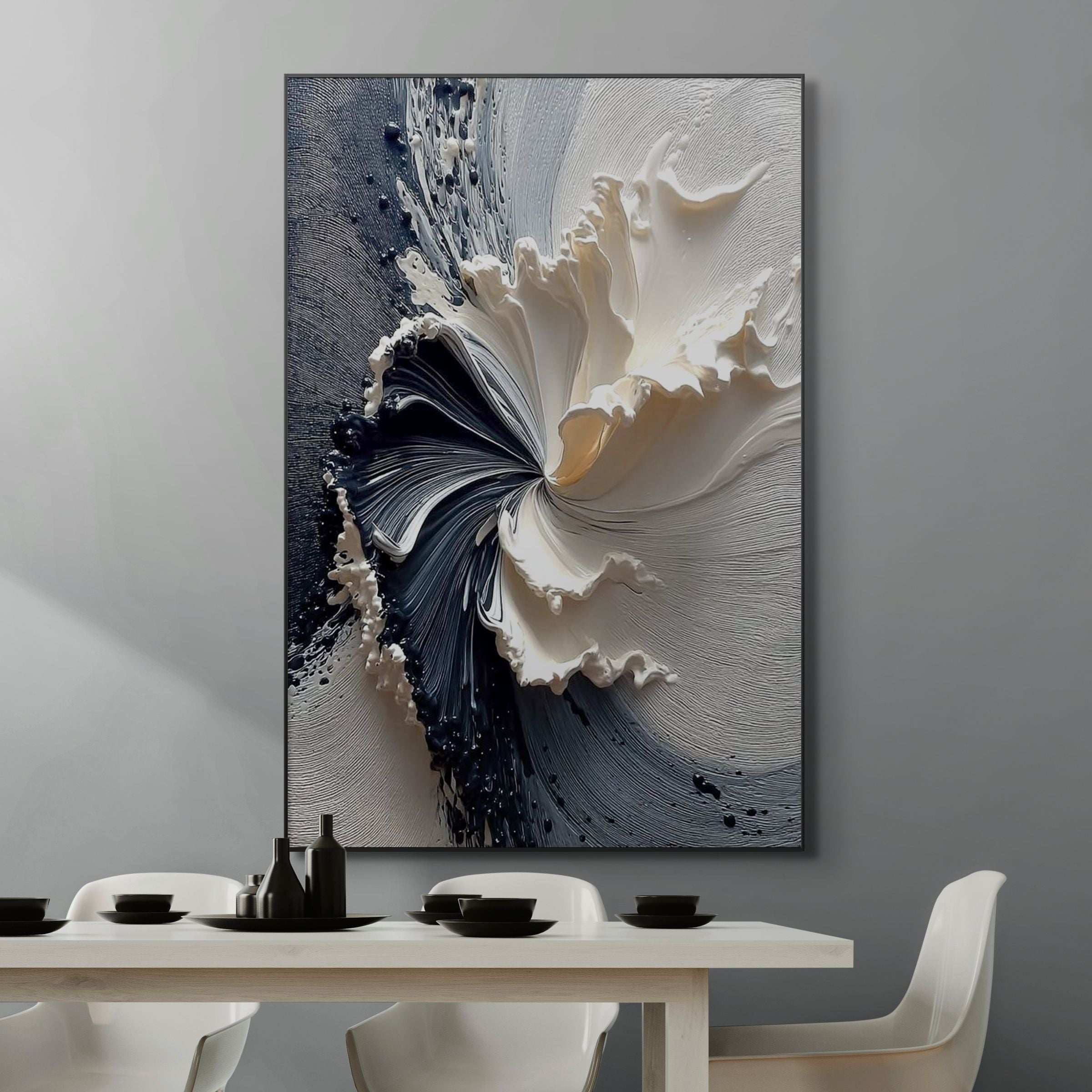 ECLIPSE IN BLOOM: Black and White Textured Abstract Painting with Sculptural Depth