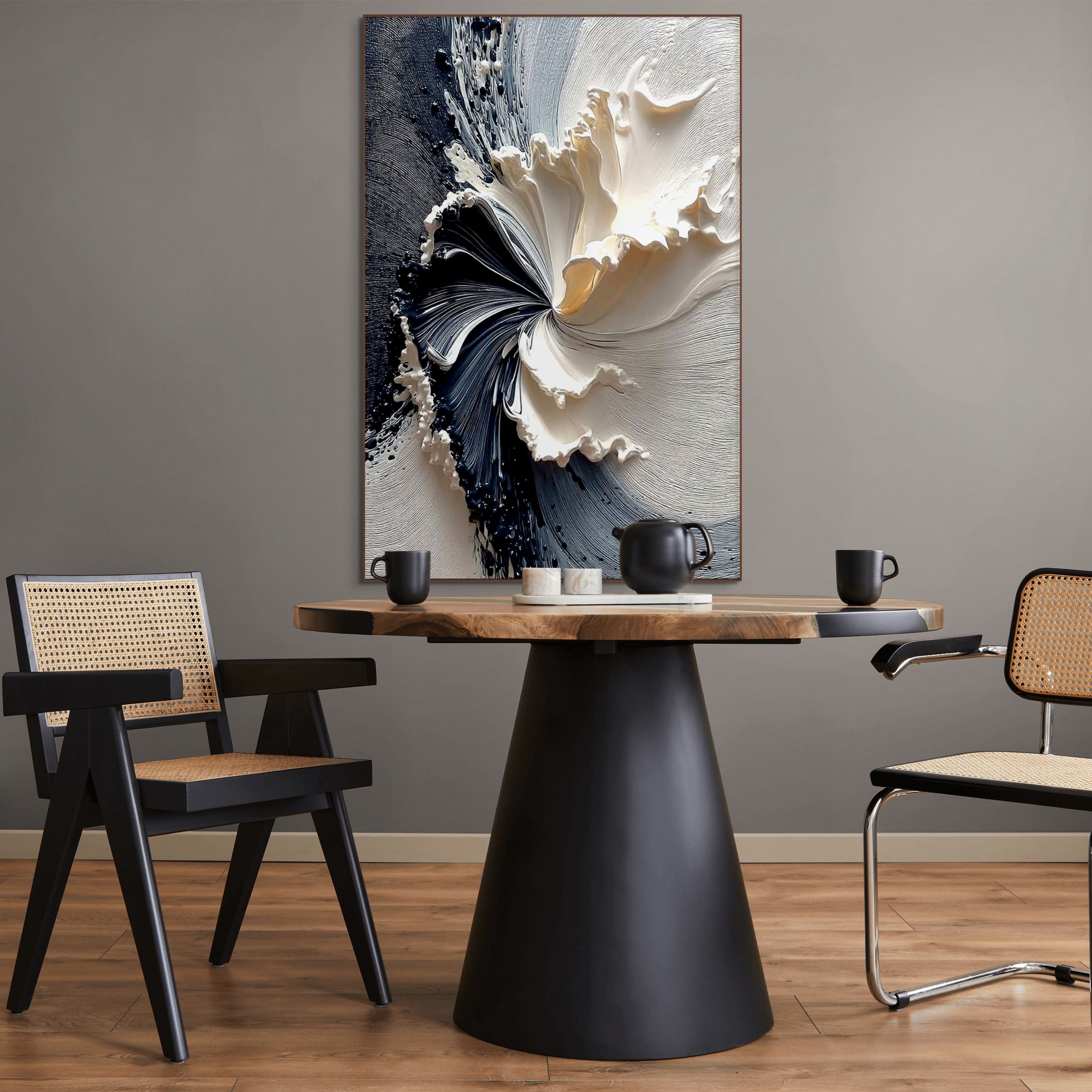 ECLIPSE IN BLOOM: Black and White Textured Abstract Painting with Sculptural Depth