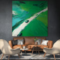 EMERALD ESCAPE: Textured Aerial View Vintage Sports Car Open Road Freedom