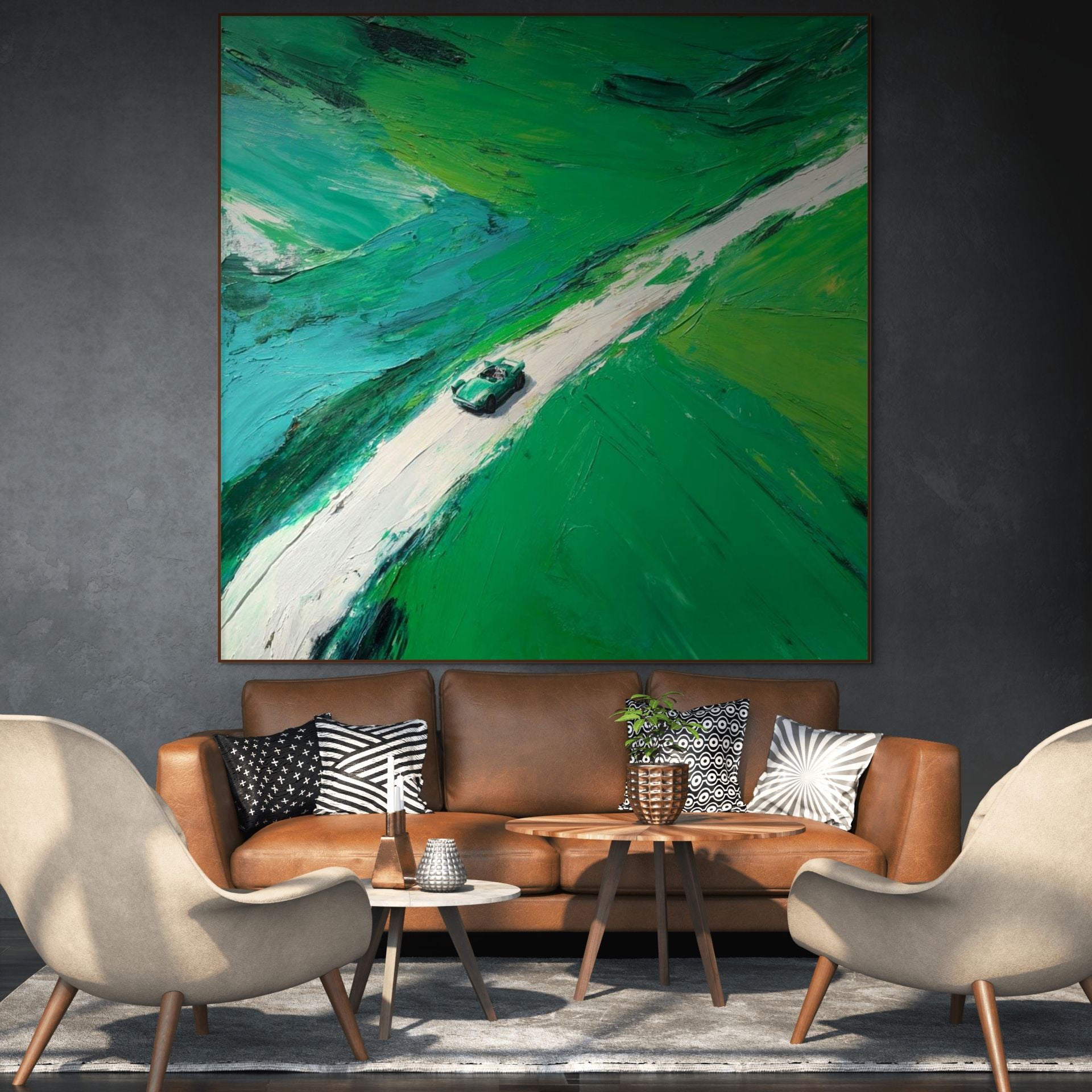 EMERALD ESCAPE: Textured Aerial View Vintage Sports Car Open Road Freedom