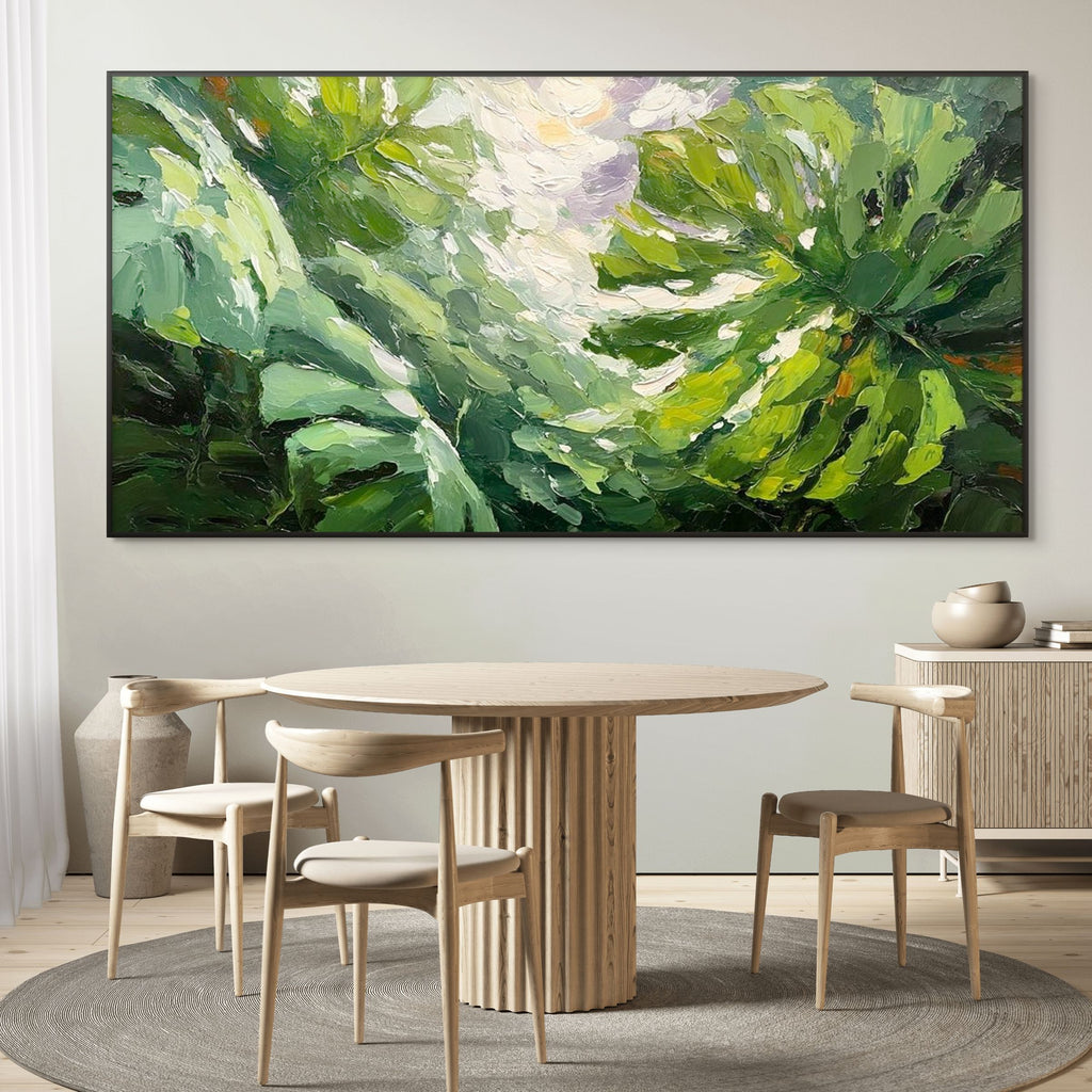 EMERALD GAZE: Palette Knife Impasto Sunlit Tropical Leaves Canvas