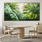 EMERALD GAZE: Palette Knife Impasto Sunlit Tropical Leaves Canvas