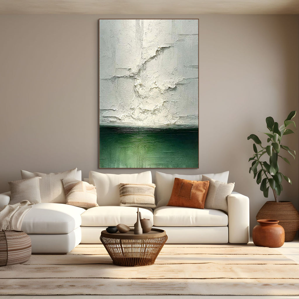 EMERALD HORIZON: Textured Wabi-Sabi Abstract Seascape with Green Tones
