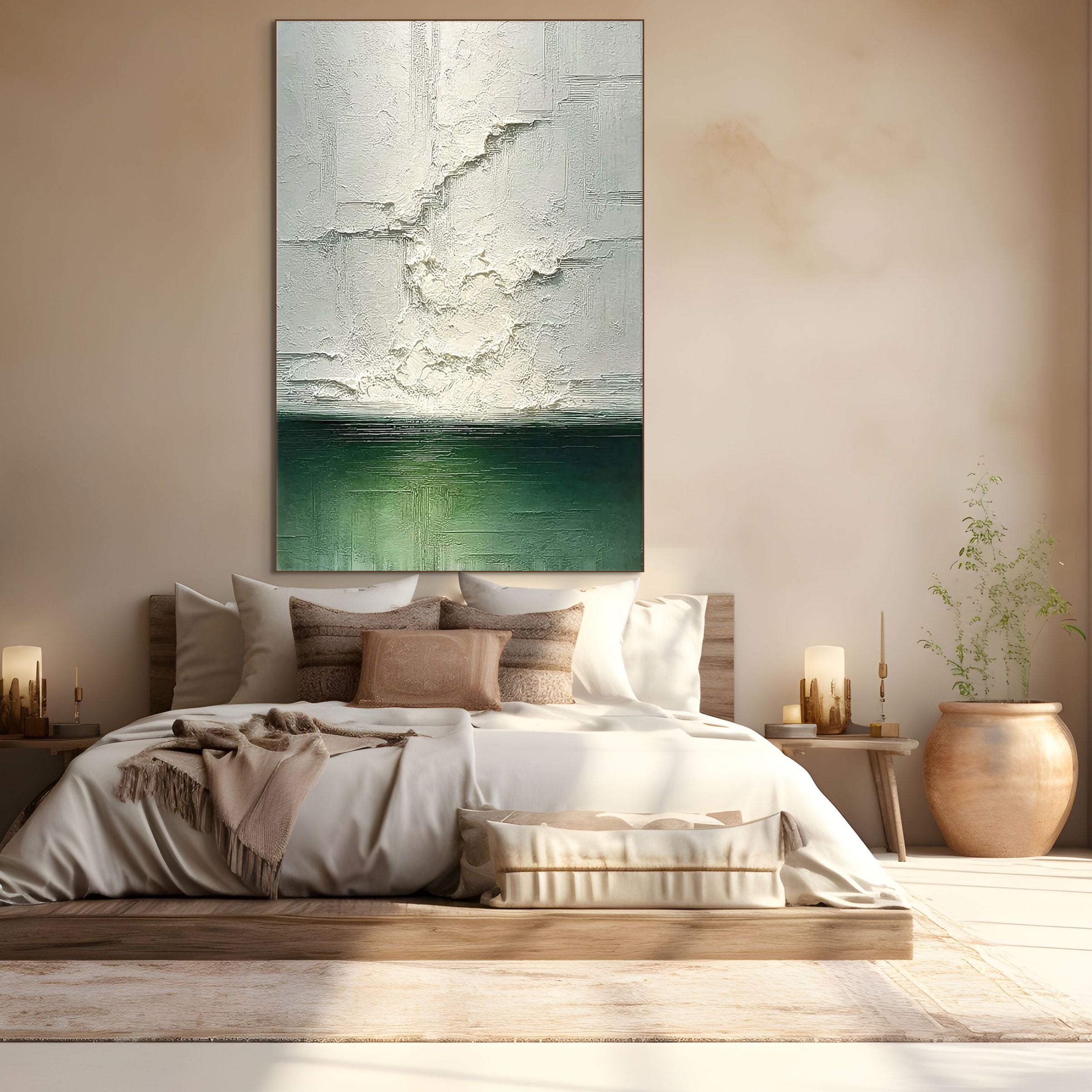 EMERALD HORIZON: Textured Wabi-Sabi Abstract Seascape with Green Tones