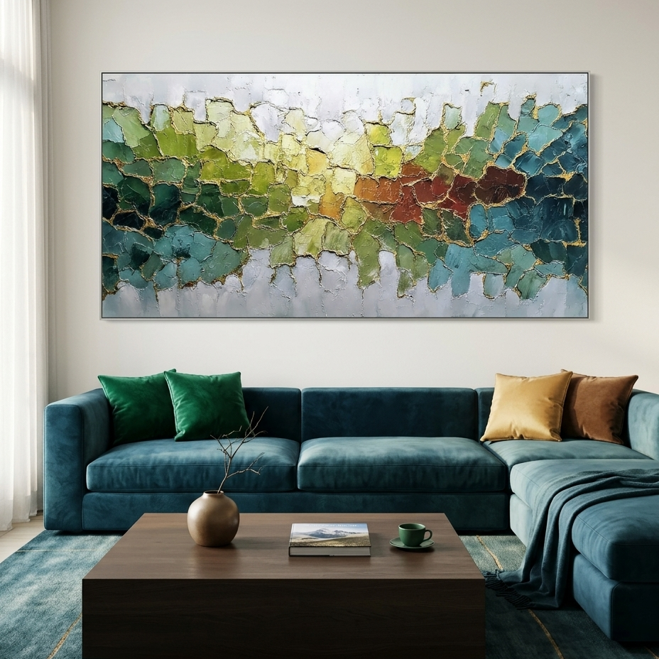 EMERALD HORIZON: Impasto Earth Tones Shimmering Gold Veins Canvas