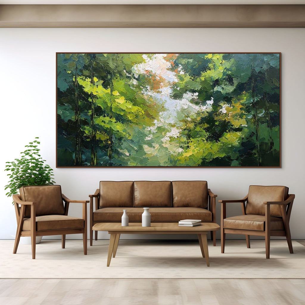 EMERALD LIGHT: Impasto Sunlit Forest Canopy Canvas