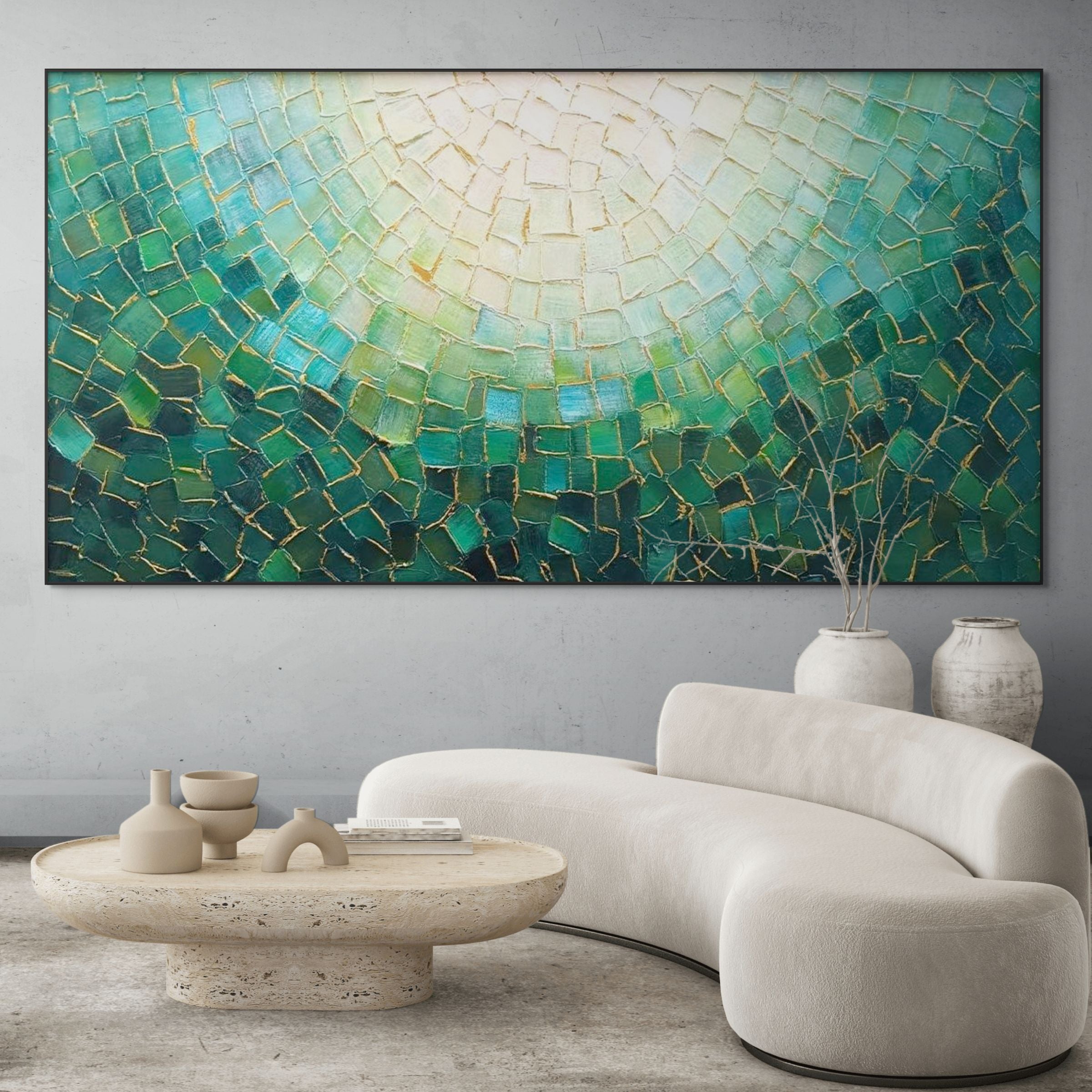 EMERALD MOSAIC: Textured Green Mosaic Panoramic Canvas