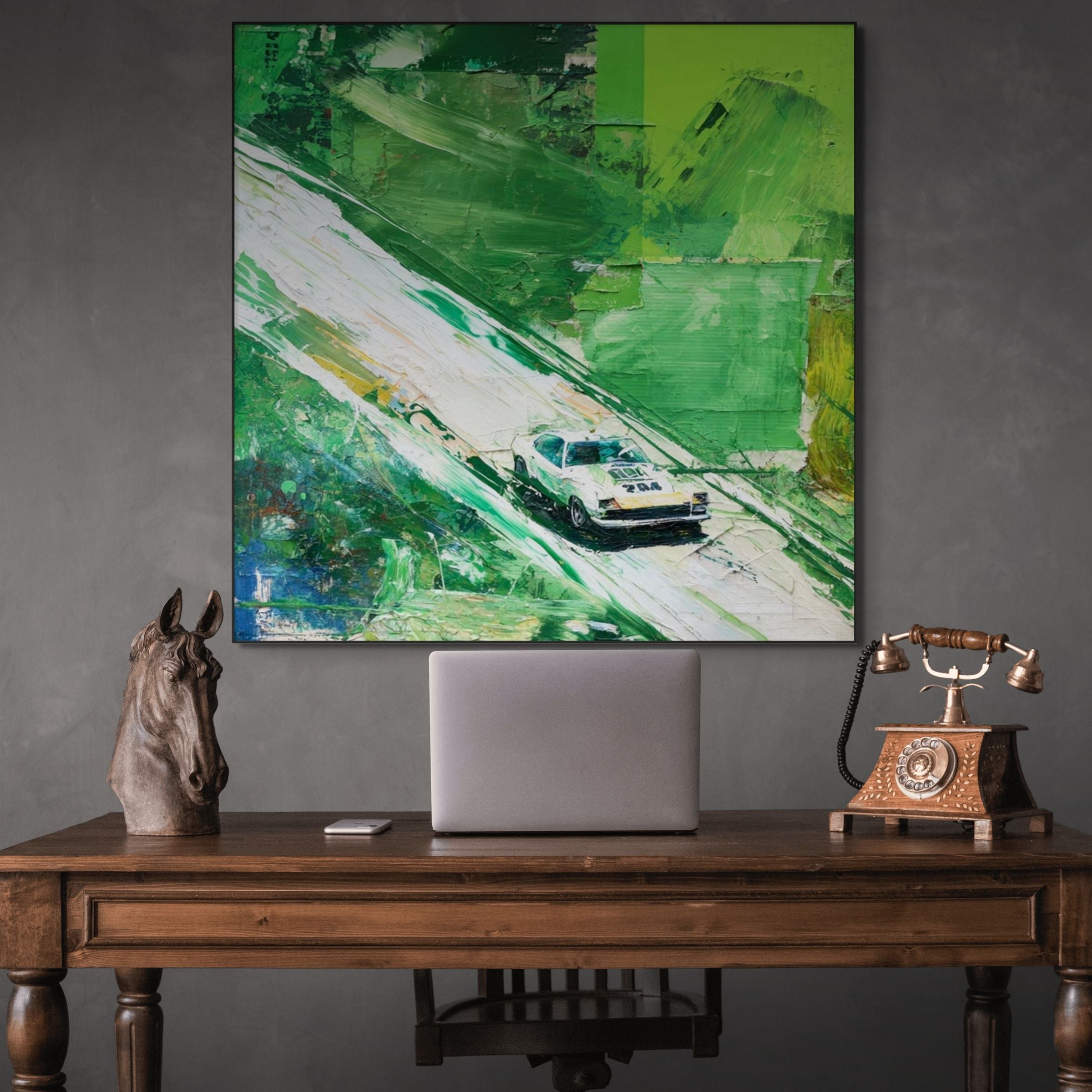 EMERALD RUSH: Textured Racing Car Art Vivid Green Speed Impatso Motion