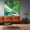 EMERALD RUSH: Textured Racing Car Art Vivid Green Speed Impatso Motion
