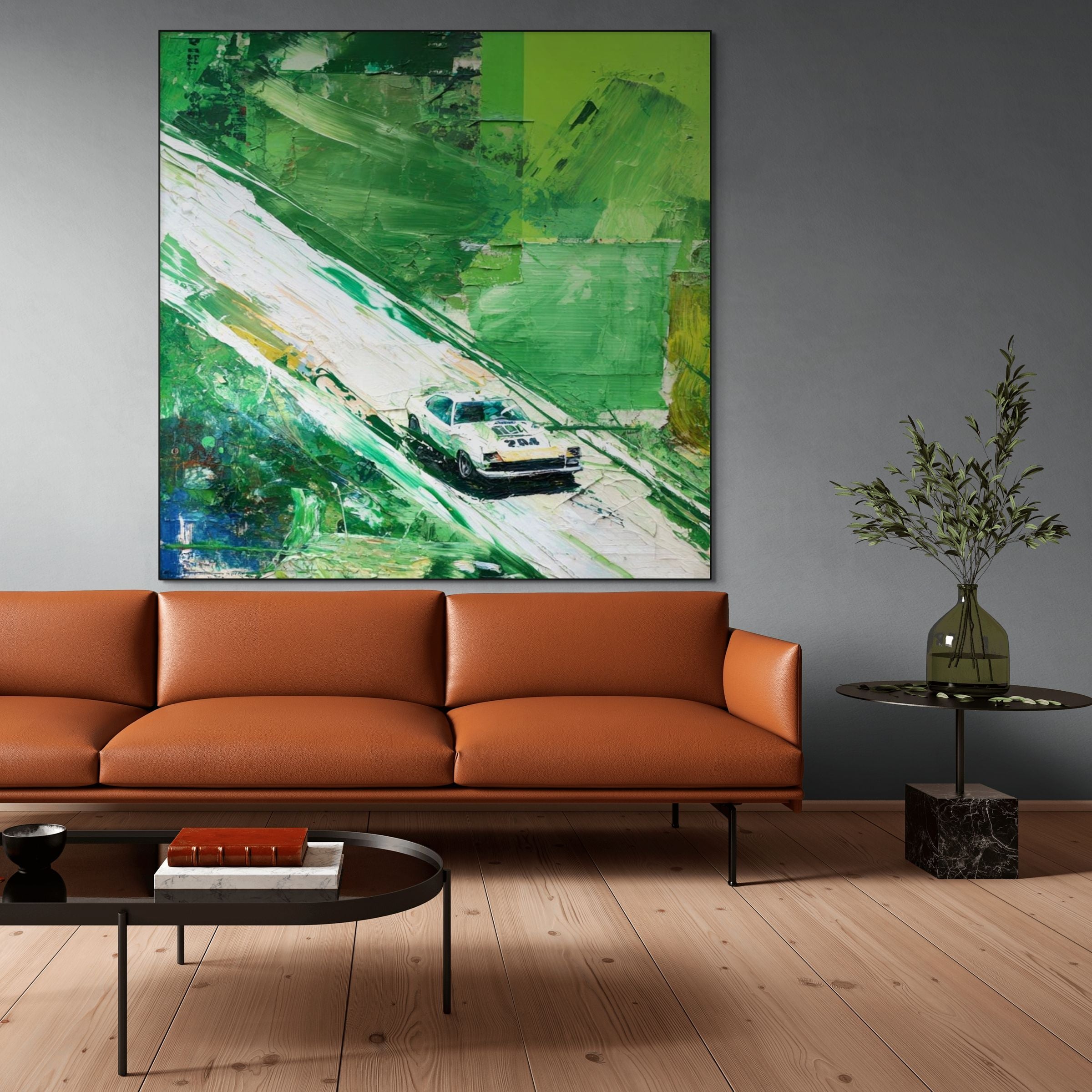 EMERALD RUSH: Textured Racing Car Art Vivid Green Speed Impatso Motion