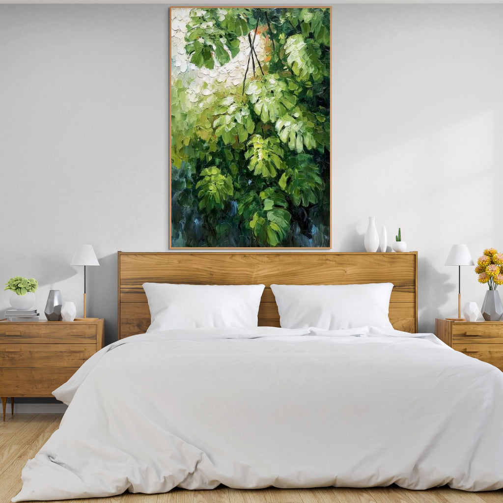 EMERALD SANCTUARY: Palette Knife Impasto Sculpted Monstera Leaves Canvas