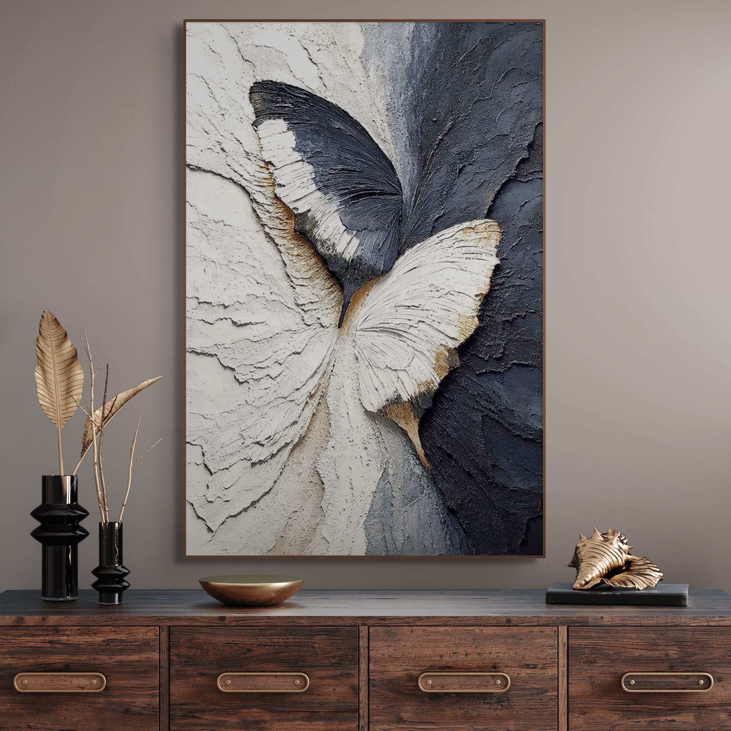 EMERGENCE: Textured Butterfly Painting with Wabi Sabi Gold and Black Contrast