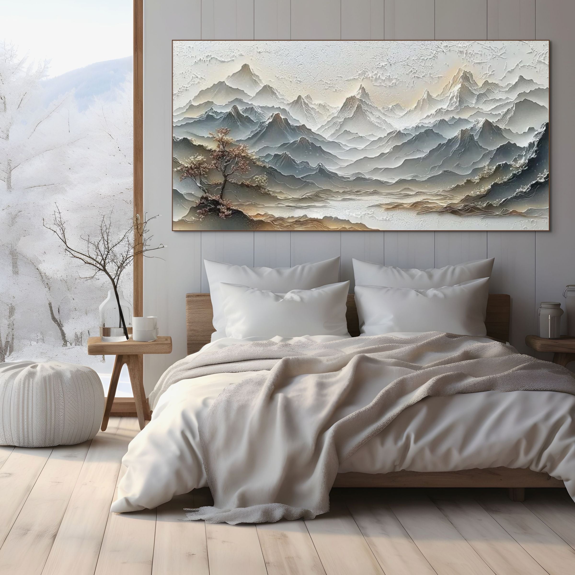 ETERNAL HORIZONS: Wabi Sabi Textured Mountain Landscape in Soft Morning Light