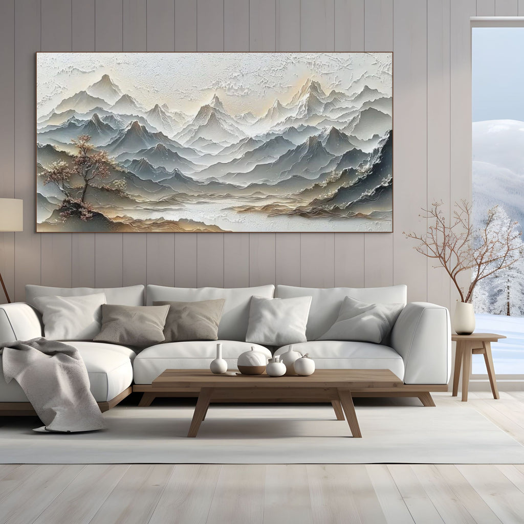 ETERNAL HORIZONS: Wabi Sabi Textured Mountain Landscape in Soft Morning Light