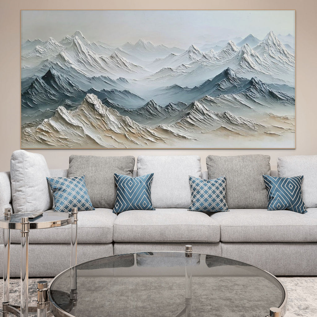 Eternal Summits: Textured Mountain Landscape with Misty Blues